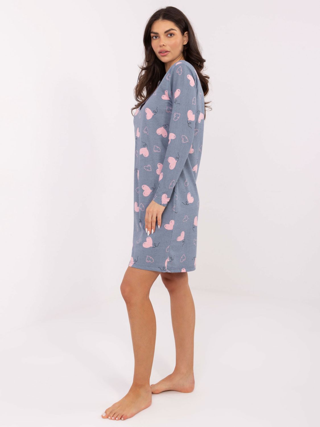 Damska koszula nocna z długim rękawem, ciemnoniebieska, bawełniana