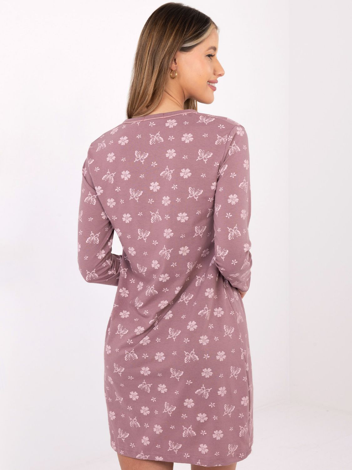 Damska koszula nocna z długim rękawem, ciemnoróżowa