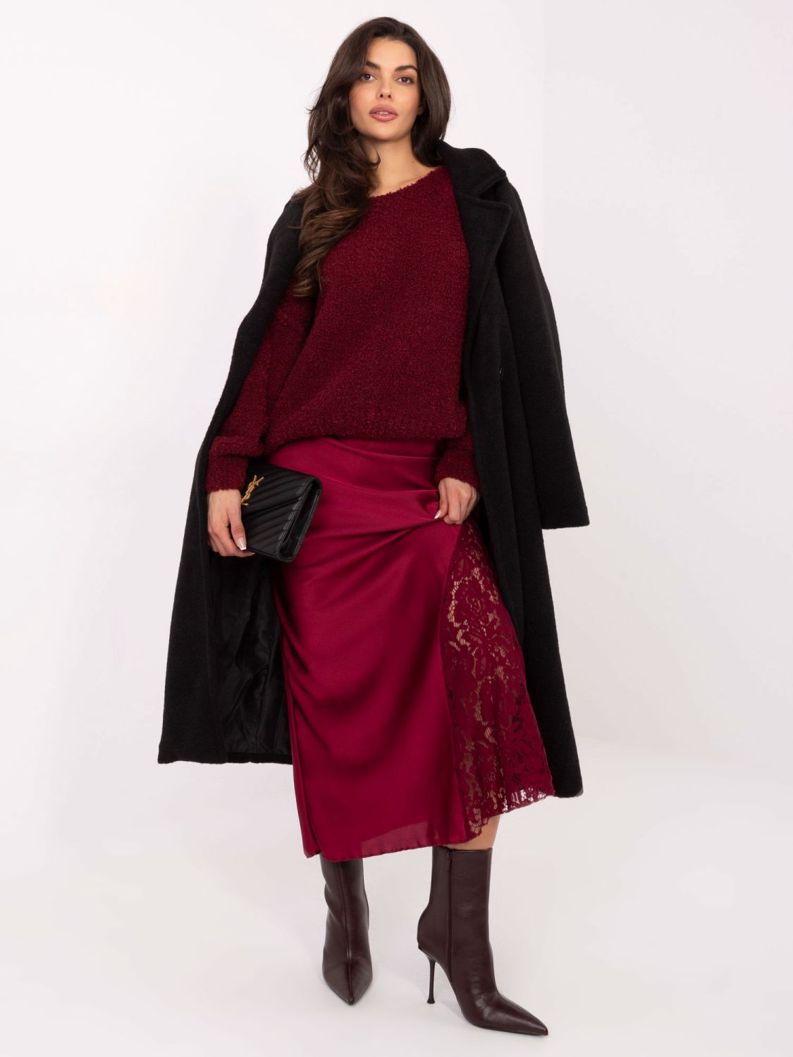 Elegancka bordowa spódnica midi z koronką