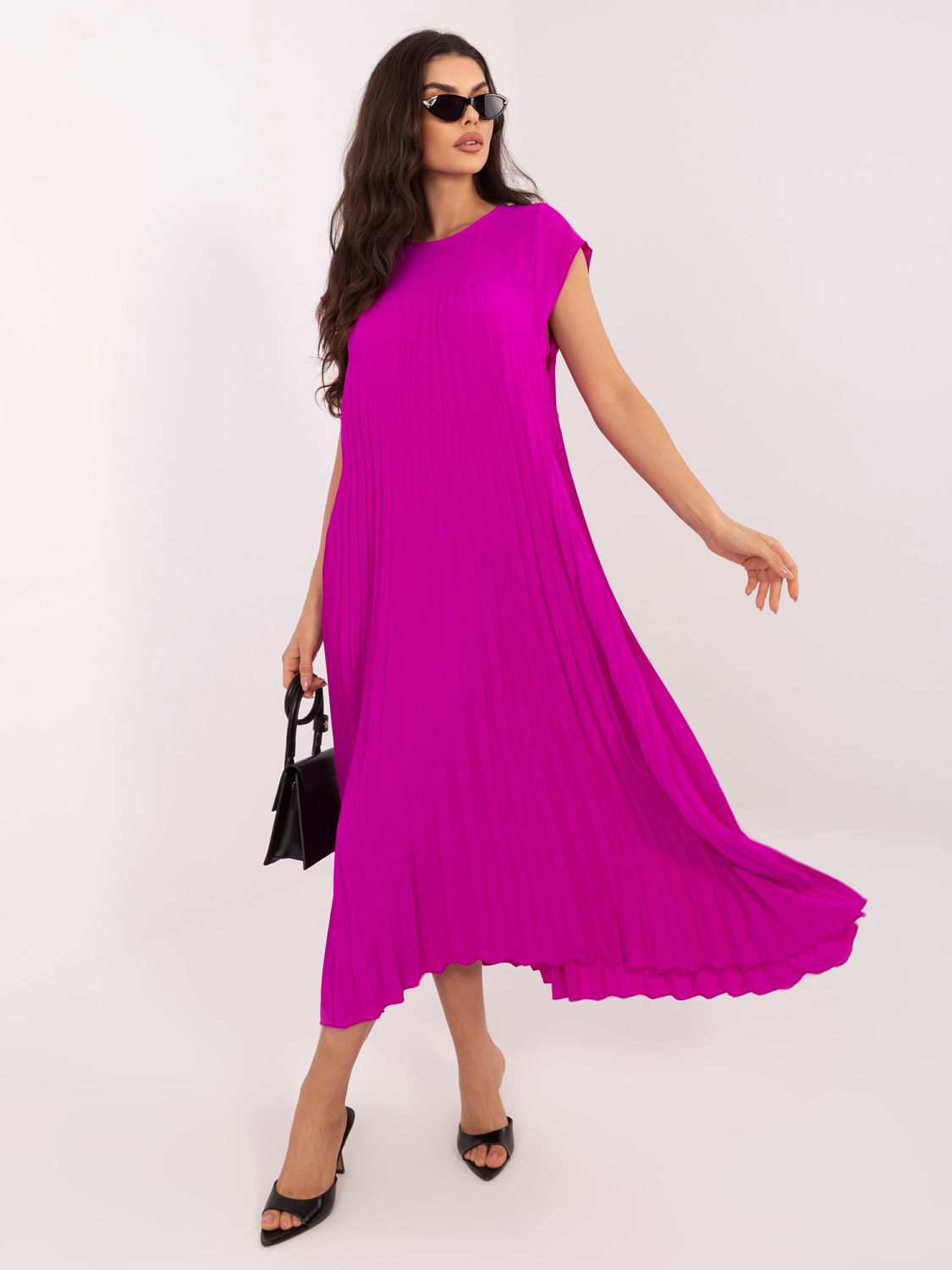 Fioletowa midi sukienka koktajlowa z kieszeniami