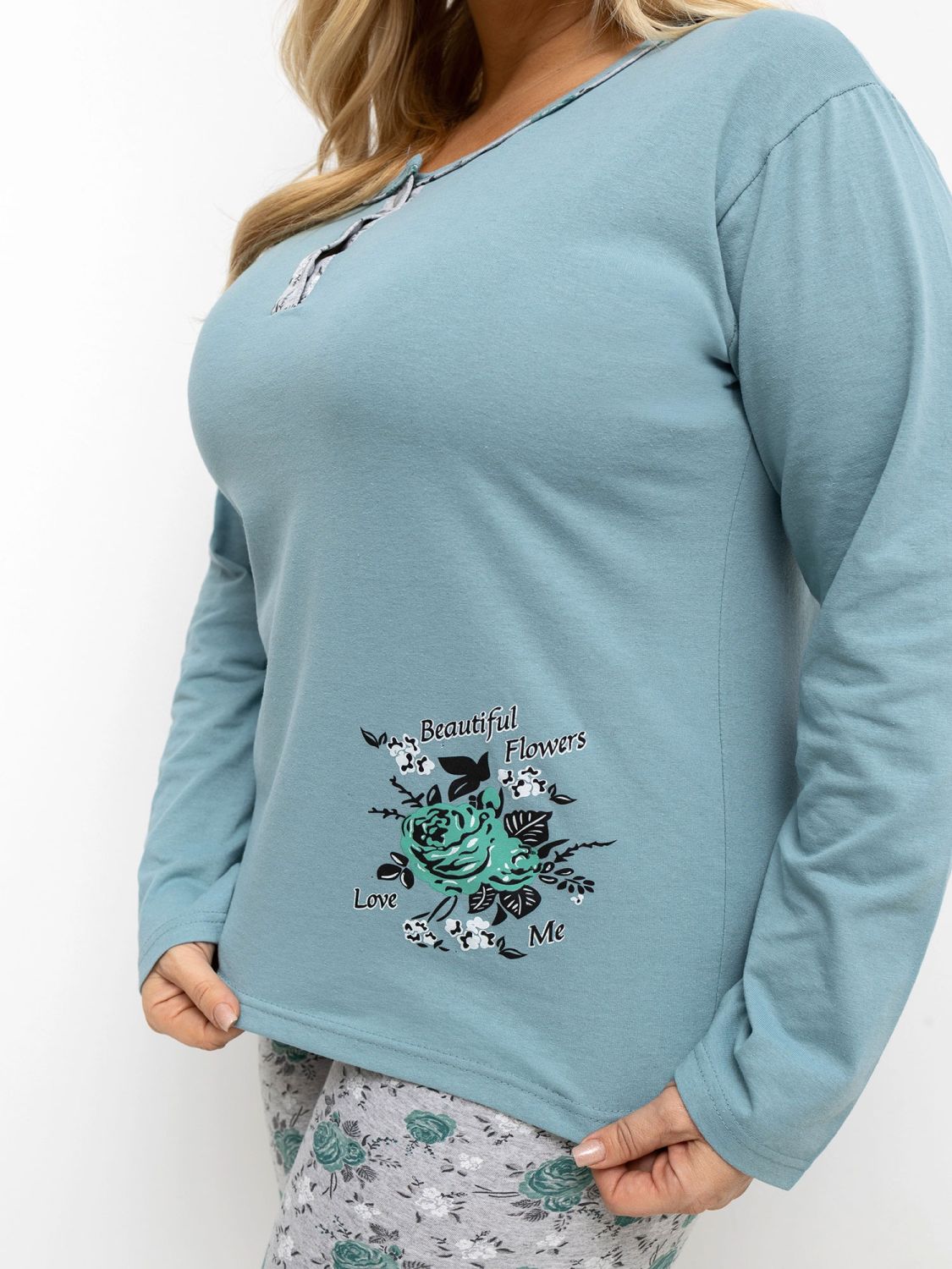 Damska piżama w kwiaty, długi rękaw, zielona