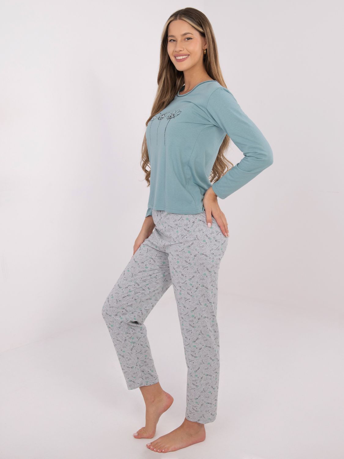 Damska bawełniana piżama z nadrukiem, miętowa