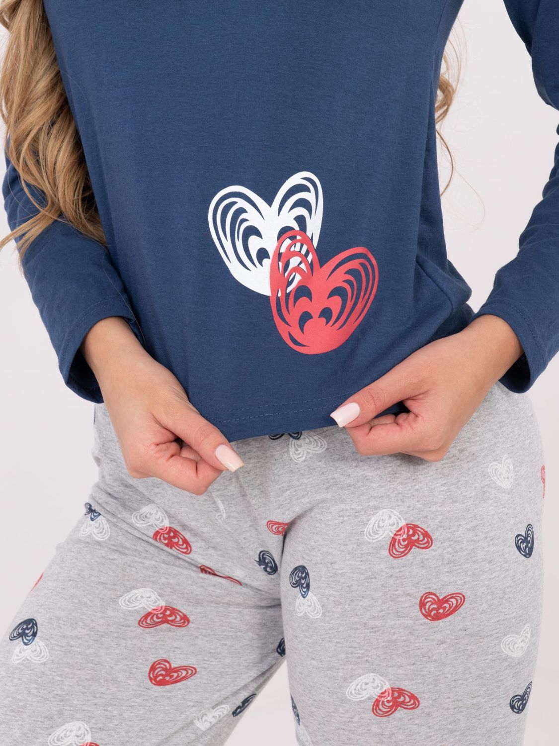 Damska bawełniana piżama z nadrukiem, ciemnoniebieska