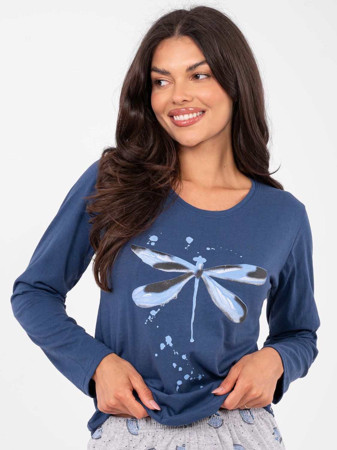 Damska bawełniana piżama z długim rękawem, ciemnoniebieska