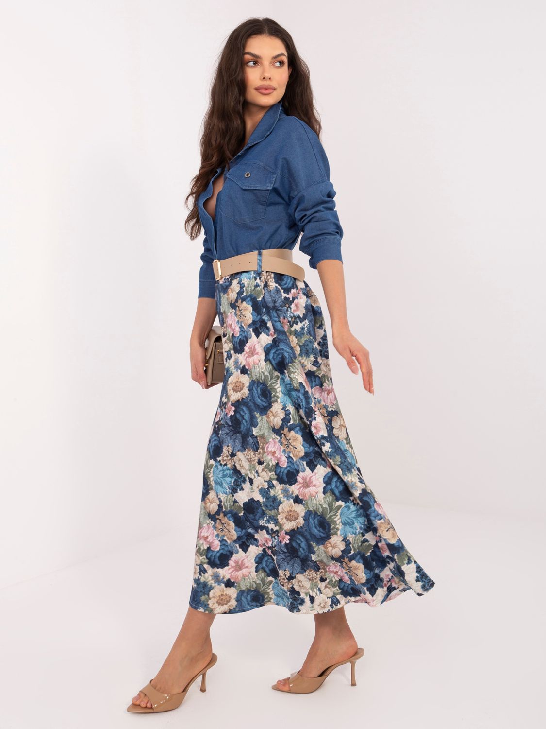 Elegancka spódnica midi w kwiaty z paskiem, ciemny niebieski