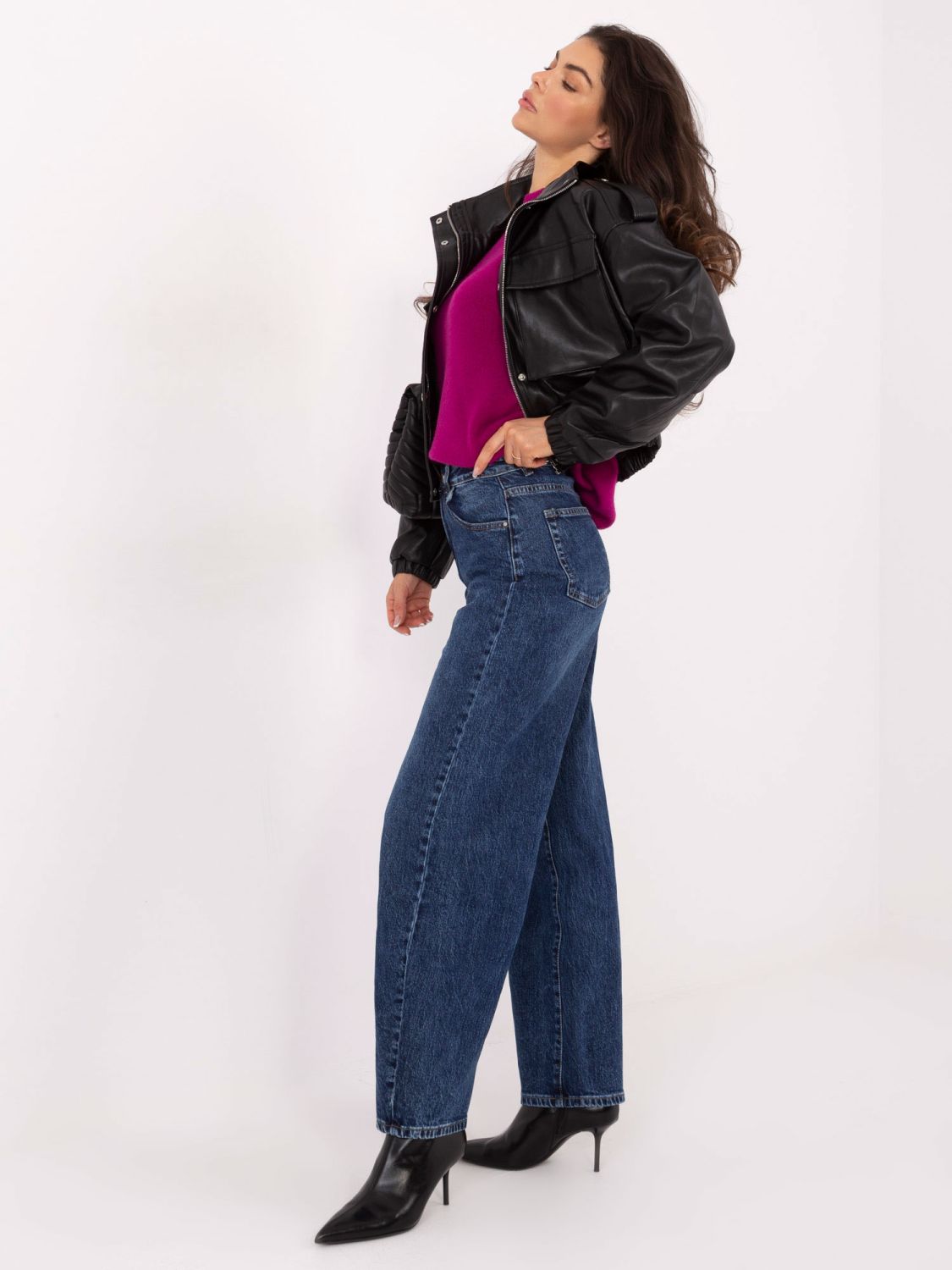 Damskie jeansy balloon fit z wysokim stanem, ciemnoniebieskie