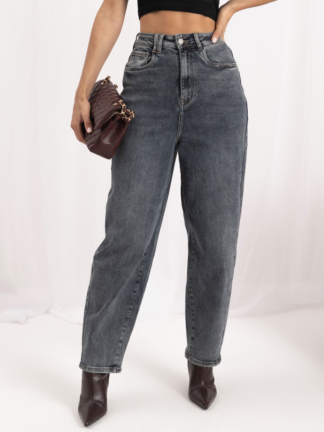 Ciemnoszare jeansy balloon fit z wysokim stanem