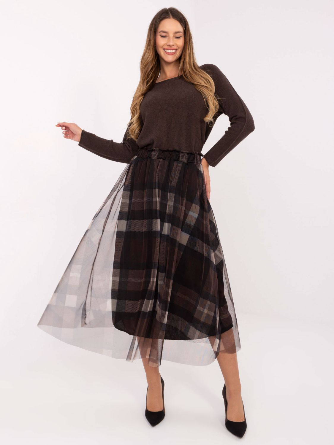 Czarno-brązowa elegancka spódnica midi w kratkę