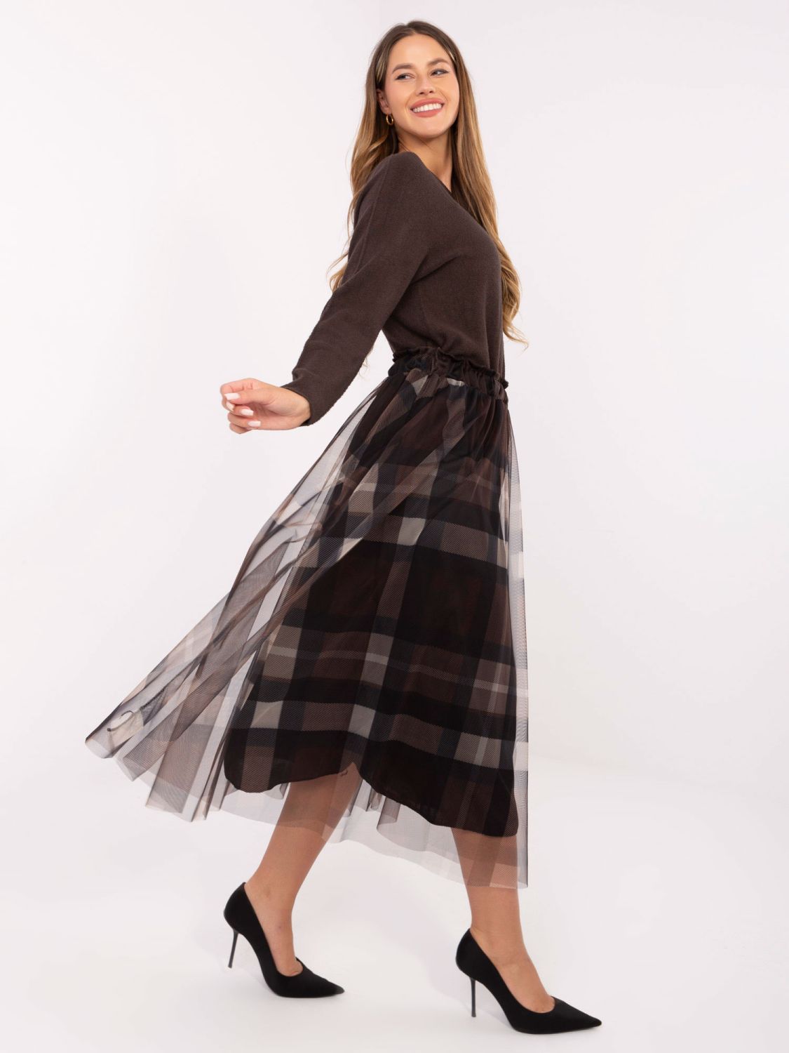 Czarno-brązowa elegancka spódnica midi w kratkę