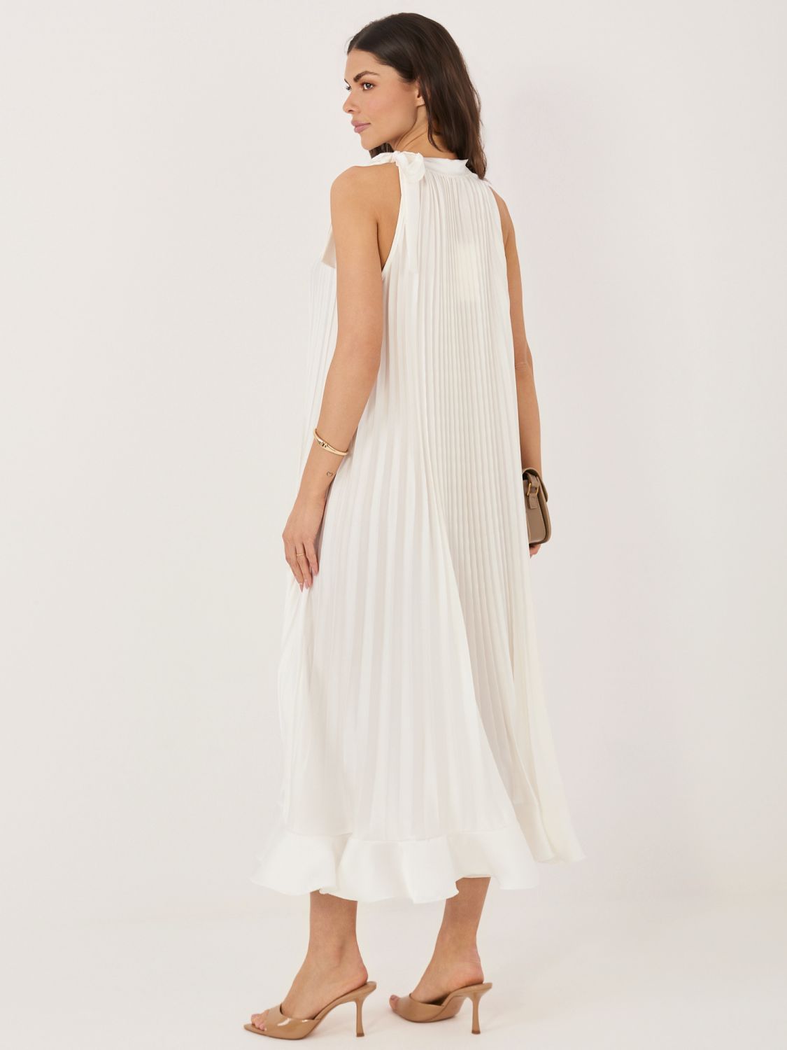 Elegancka sukienka midi z falbaną i wiązaniem, ecru