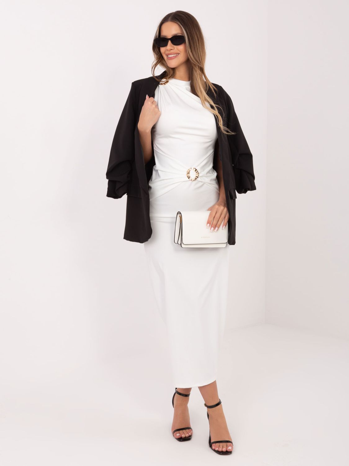 Elegancka sukienka midi z dekoltem wodą, ecru