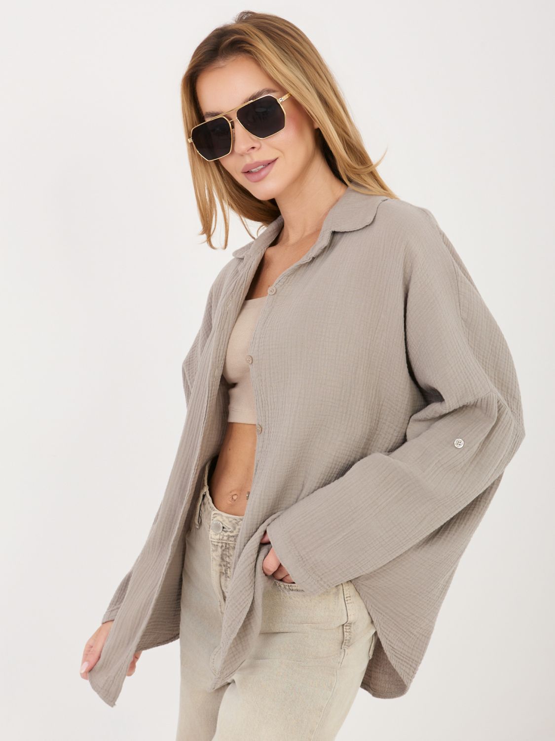 Beżowa koszula bawełniana z kołnierzykiem