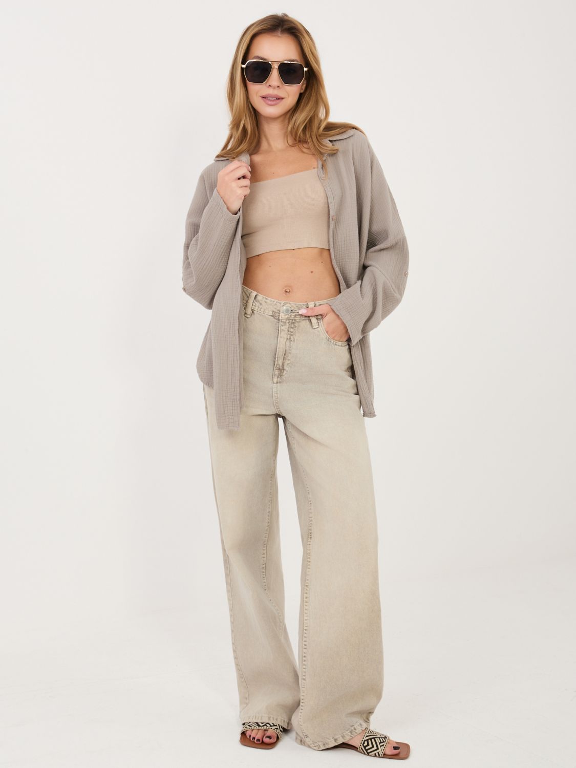 Beżowa koszula bawełniana z kołnierzykiem