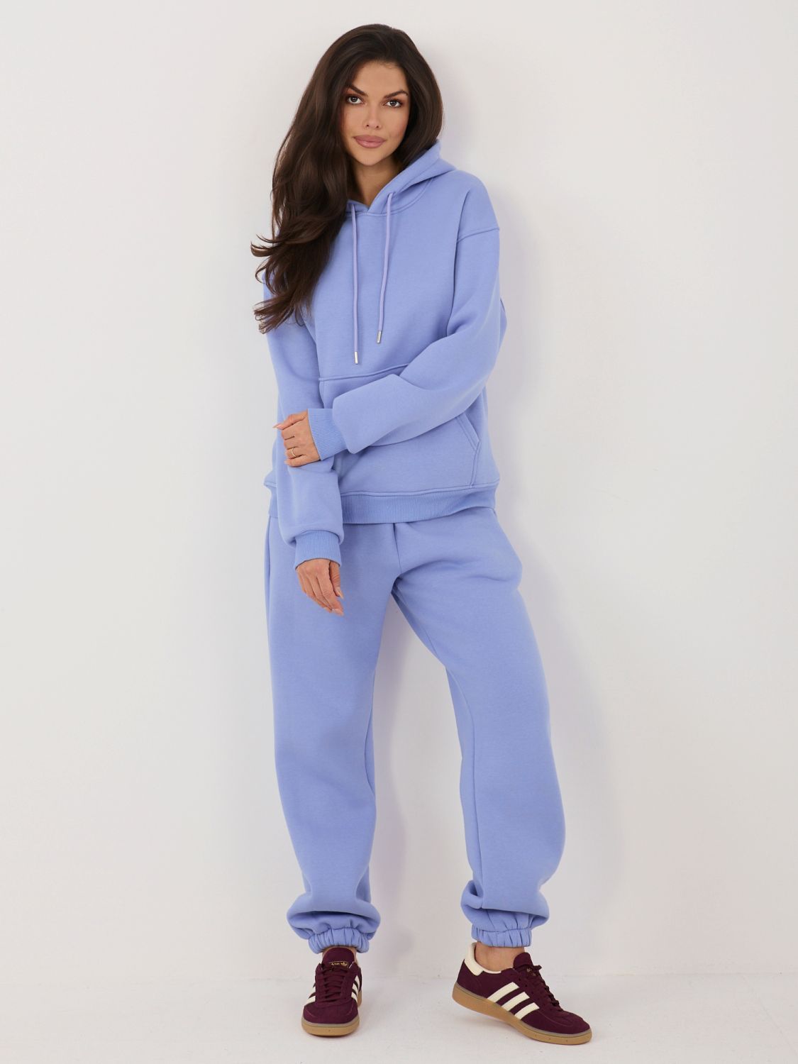 Fioletowy damski komplet z kapturem i długim rękawem