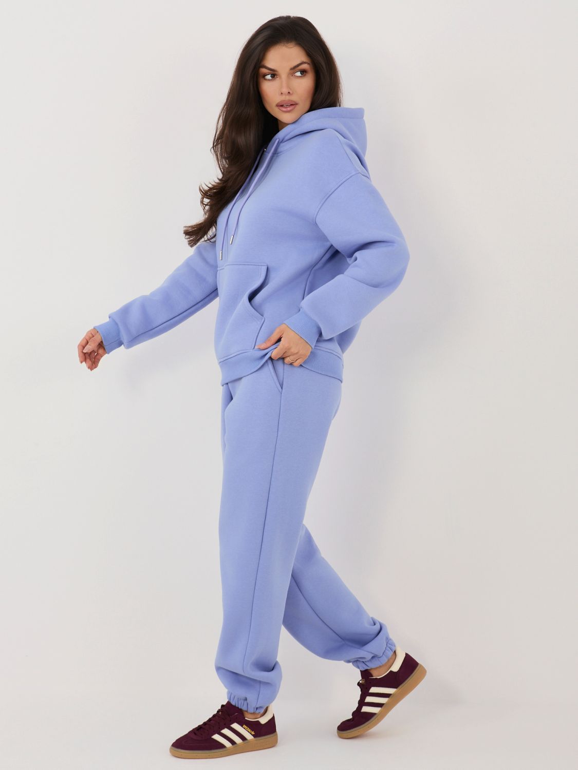 Fioletowy damski komplet z kapturem i długim rękawem