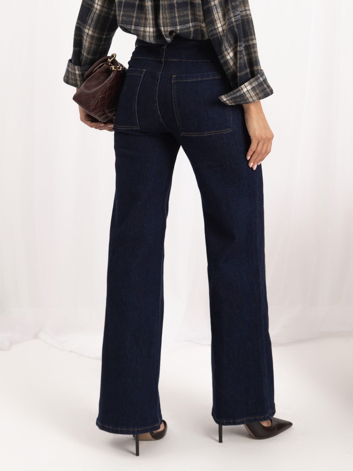 Granatowe jeansy wide leg z wysokim stanem
