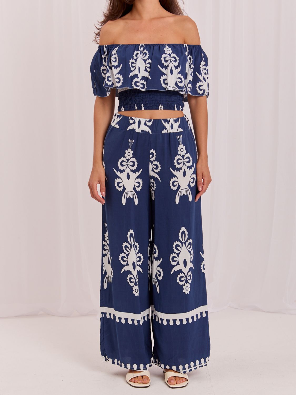 Boho komplet bluzka i spodnie, granatowy