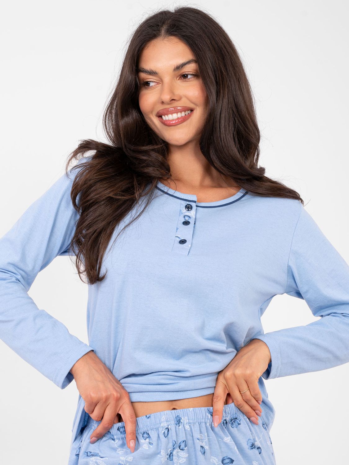 Damska bawełniana piżama w kwiaty, jasnoniebieska