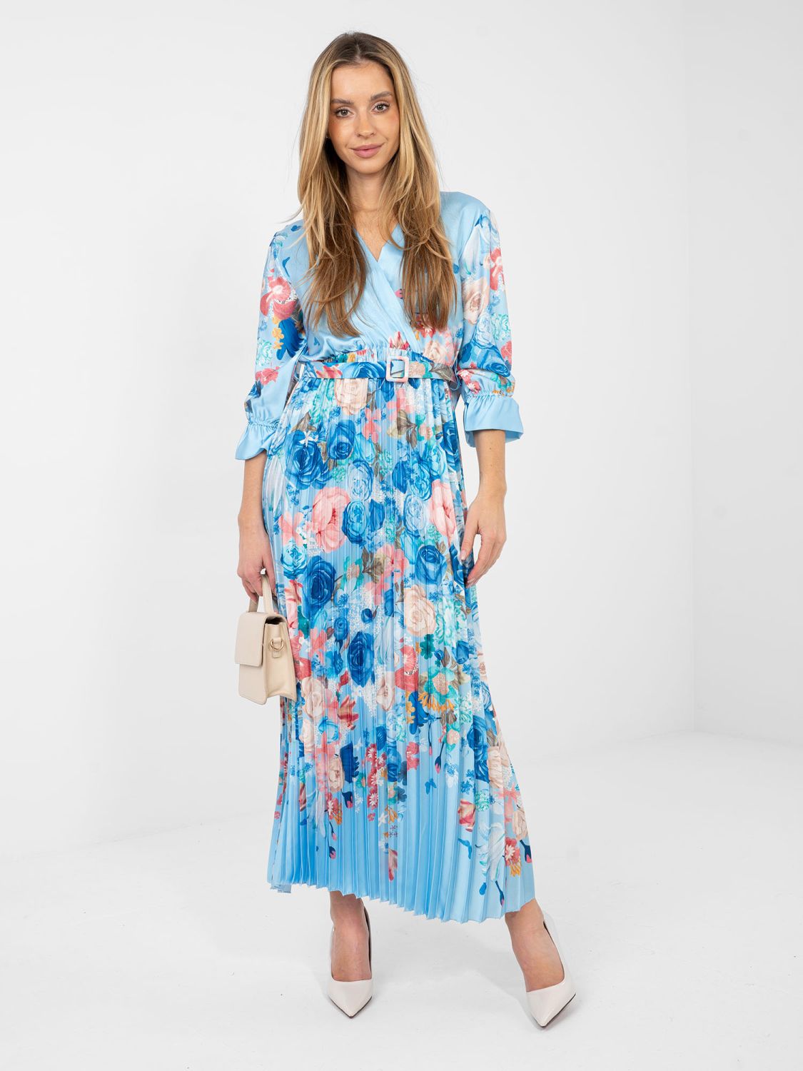 Maxi sukienka w kwiaty z paskiem, jasnoniebieska