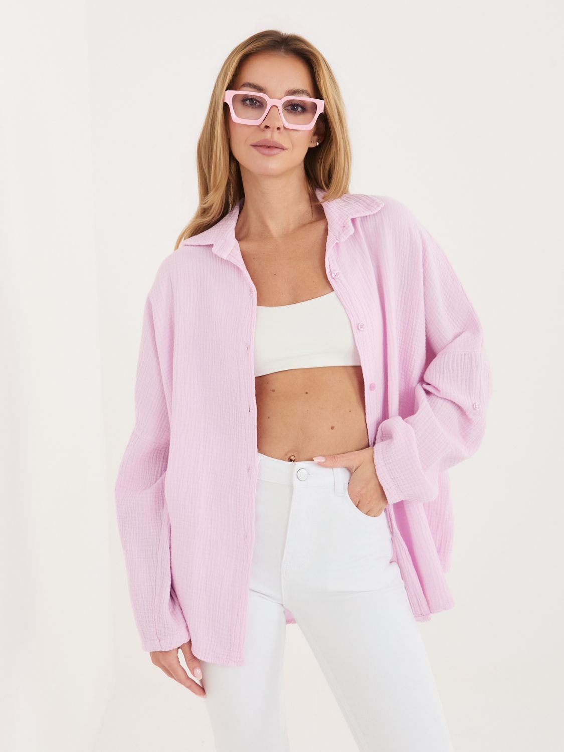 Jasnoróżowa koszula bawełniana z kołnierzykiem