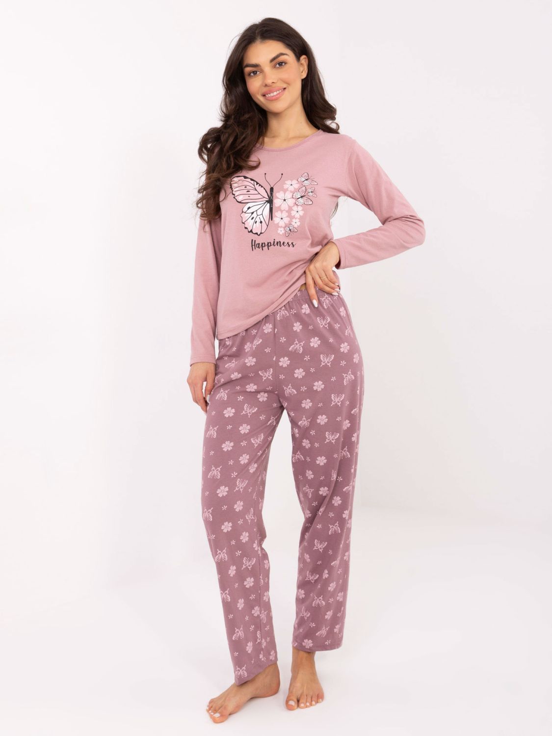 Damska piżama bawełniana z nadrukiem, różowa