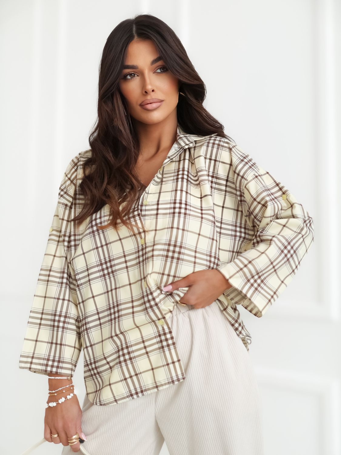 Jasnożółta koszula w kratkę z rękawem 7/8