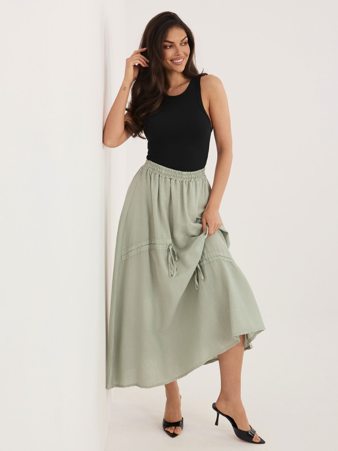 Khaki midi spódnica z wiązaniem