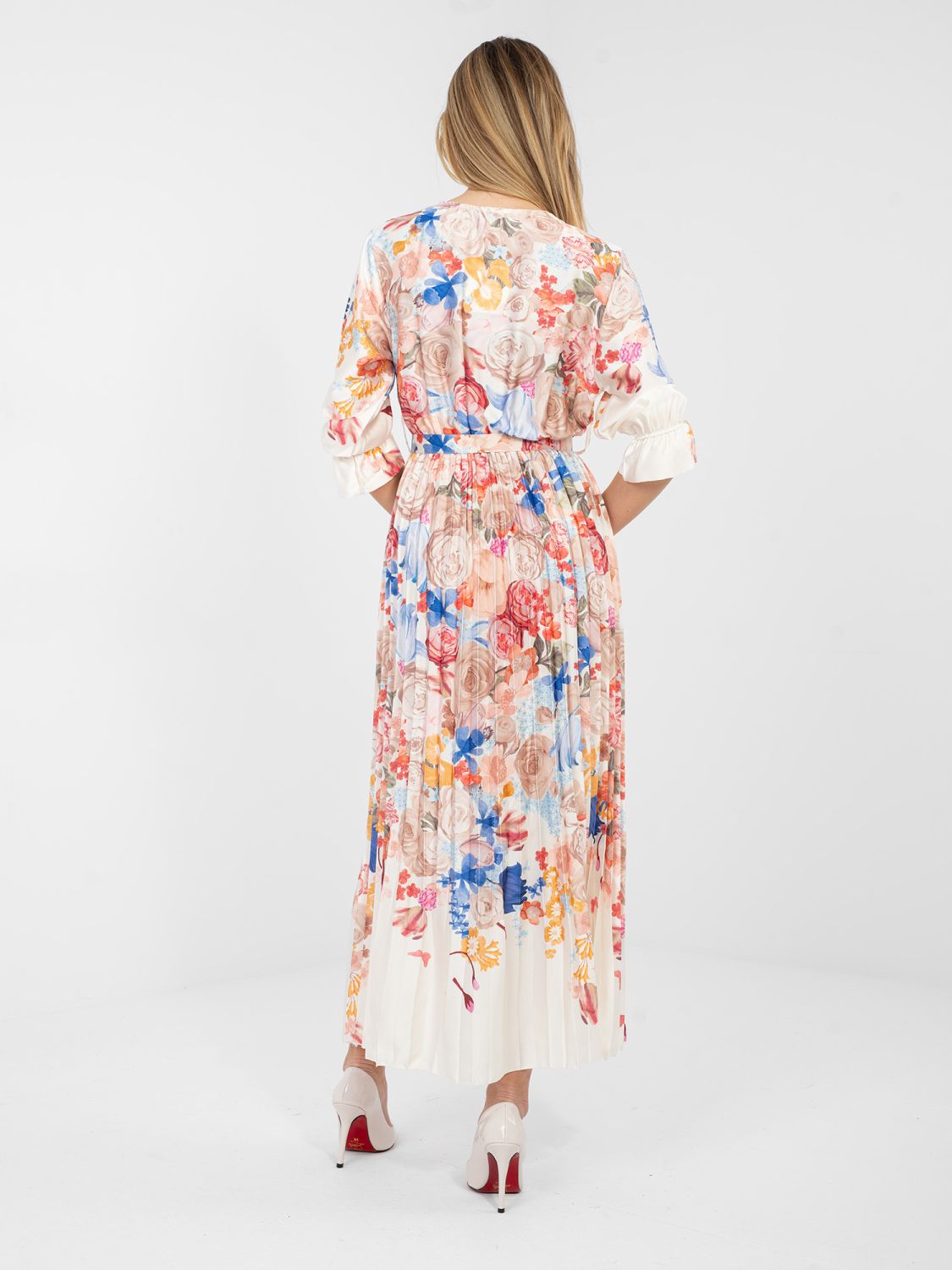 Ecru maxi sukienka w kwiaty z paskiem