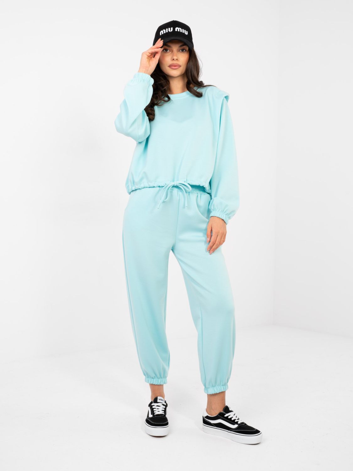 Miętowy damski komplet z wiązaniem i wysokim stanem