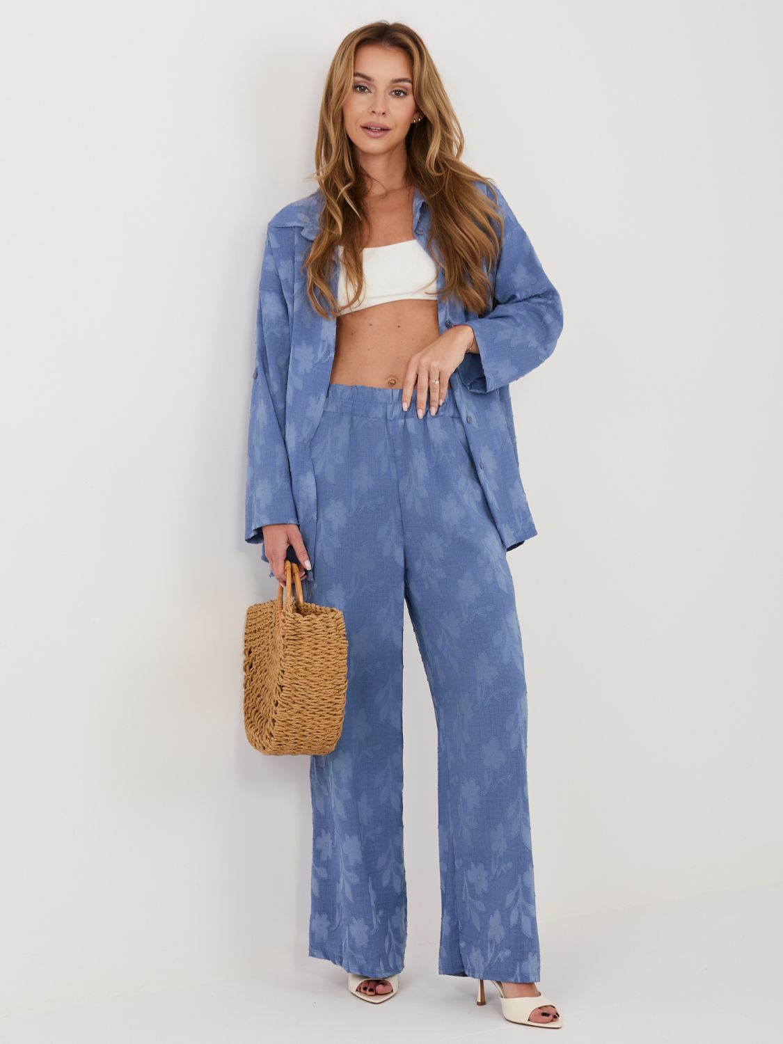 Niebieski damski komplet koszula i spodnie