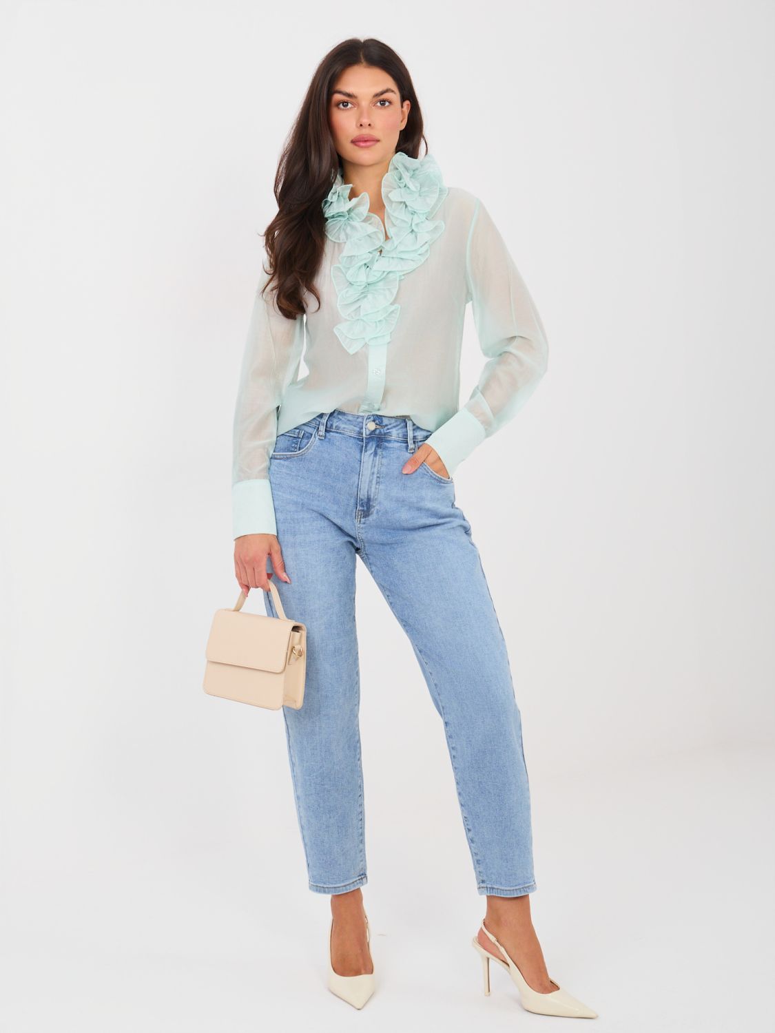Damskie niebieskie mom jeans z wysokim stanem