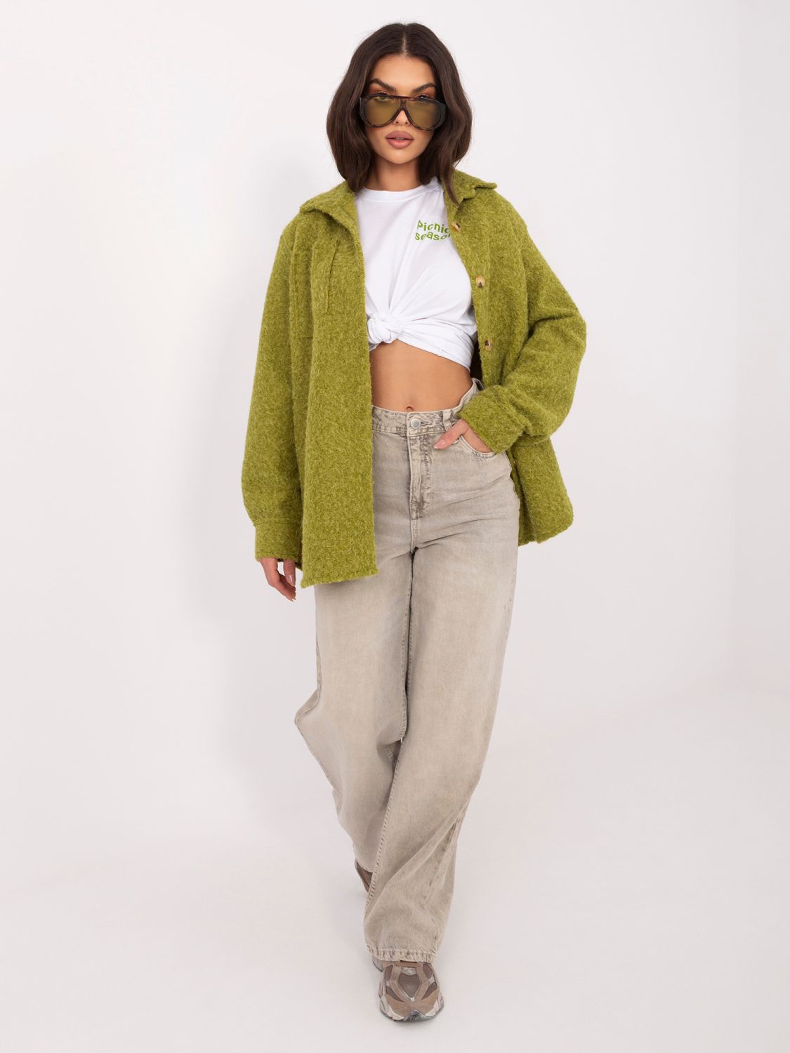 Oliwkowa kurtka przejściowa z kołnierzykiem i kieszeniami