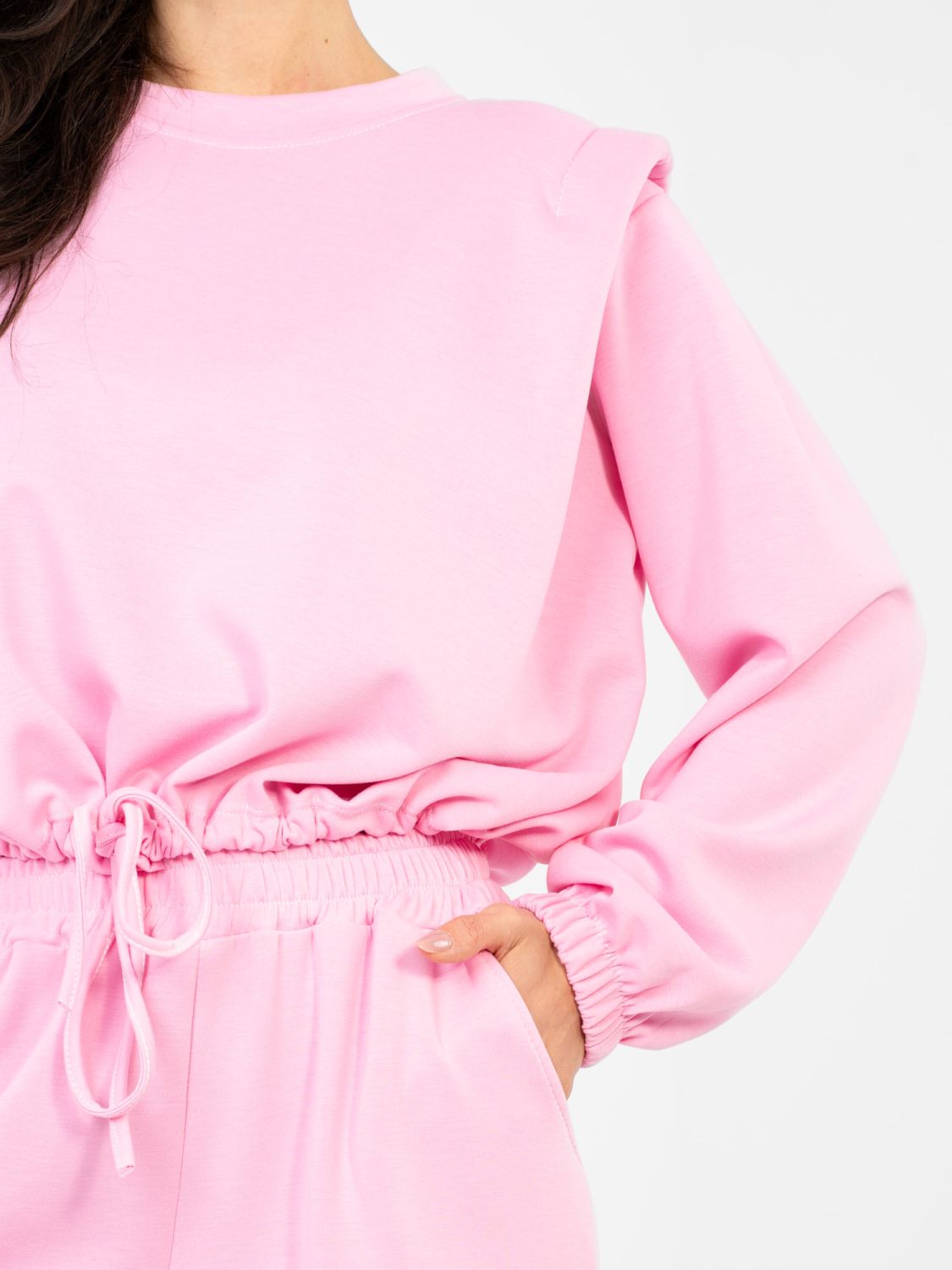 Różowy damski komplet z wiązaniem i wysokim stanem