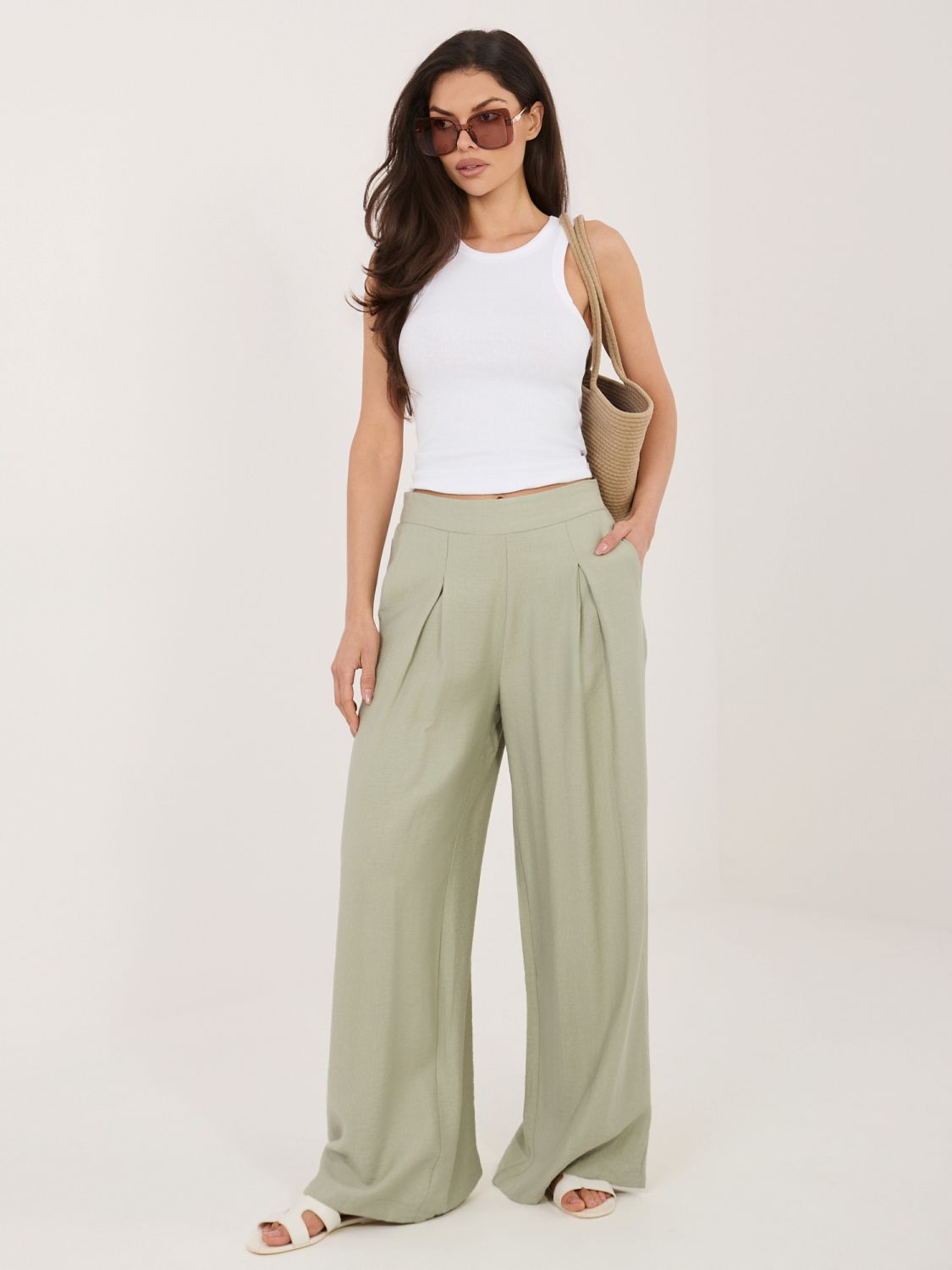 Pistacjowe spodnie palazzo z wiskozy