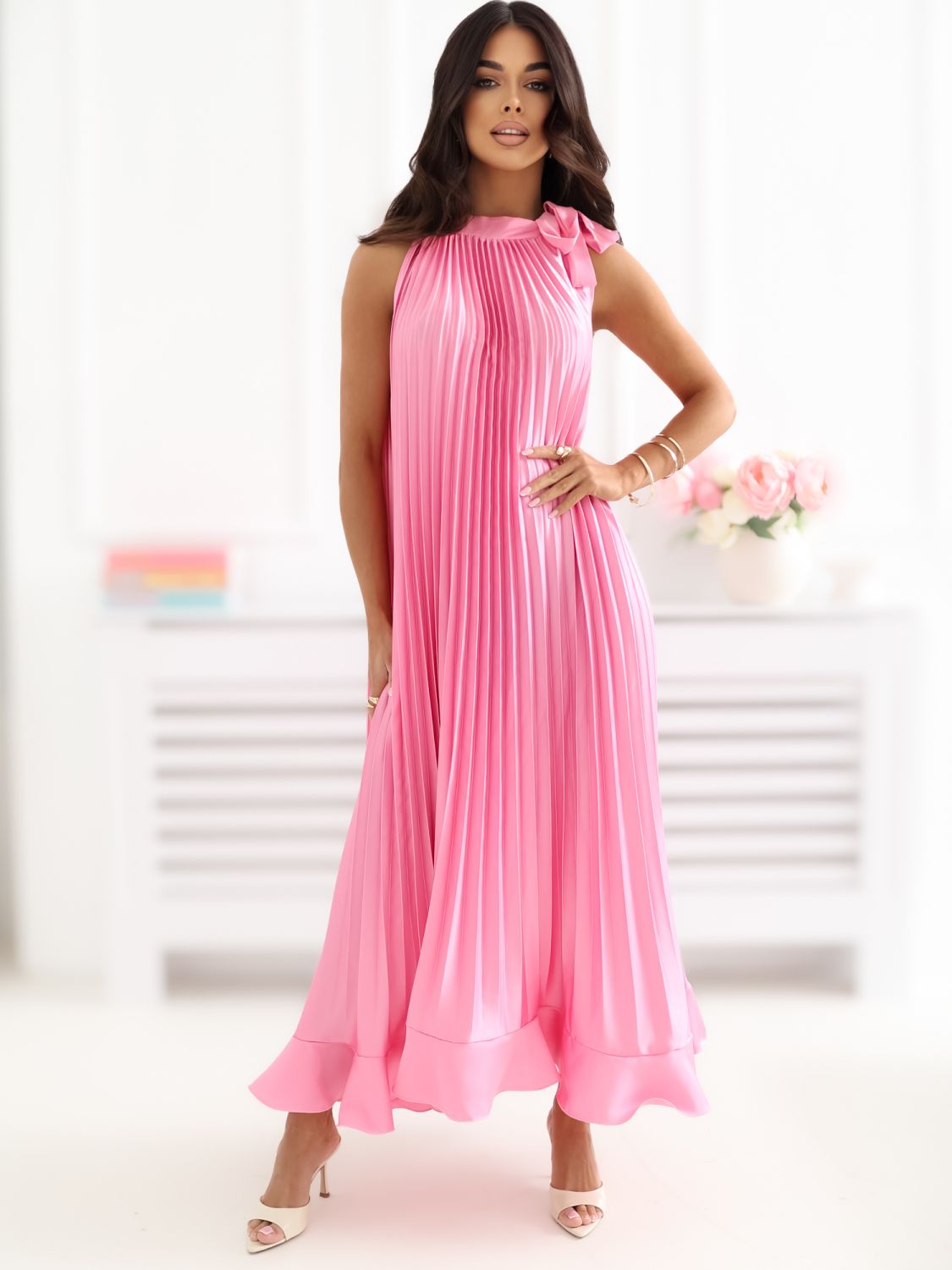 Różowa midi sukienka koktajlowa bez rękawów