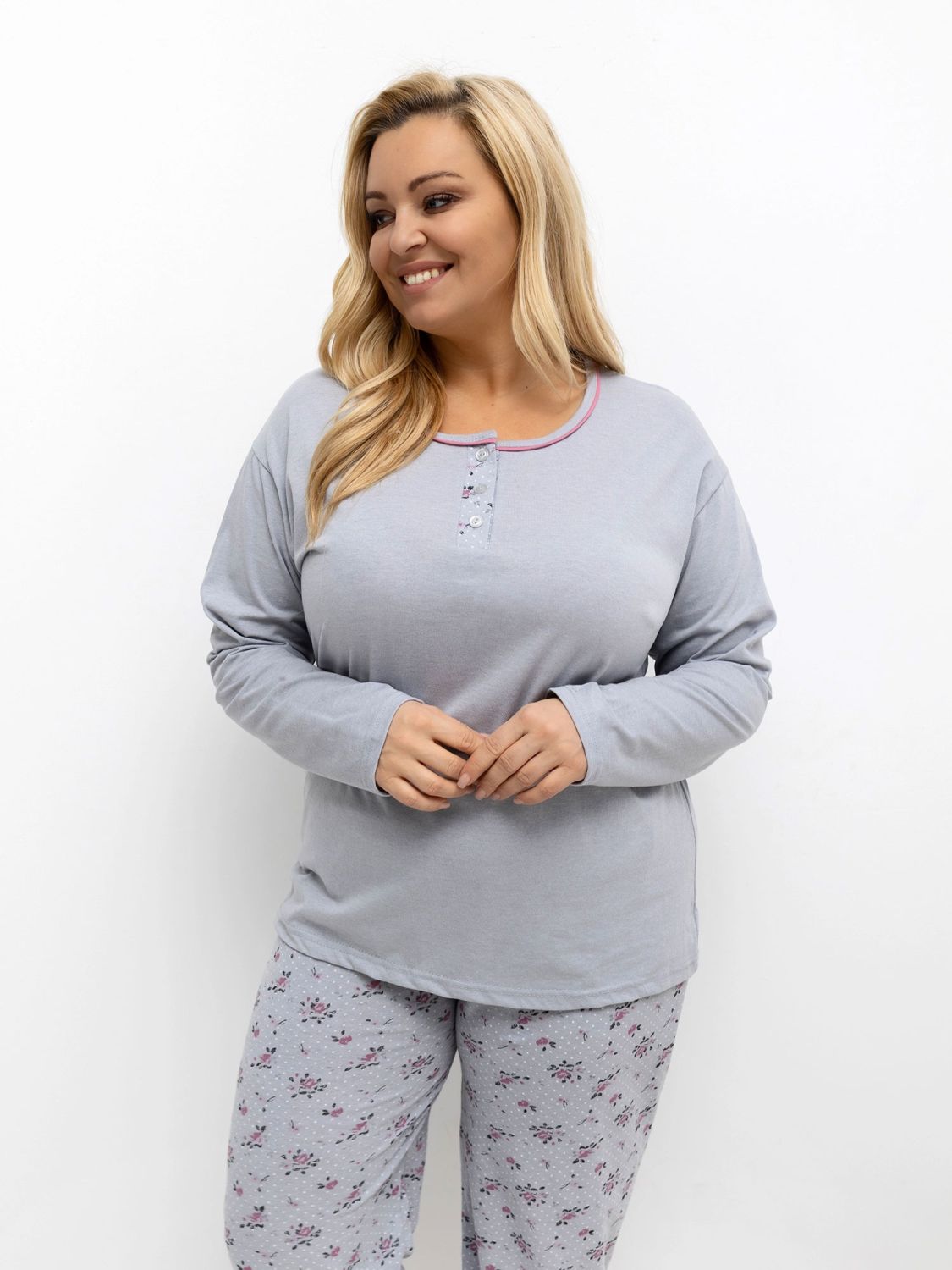 Damska szara piżama w kwiaty i grochy