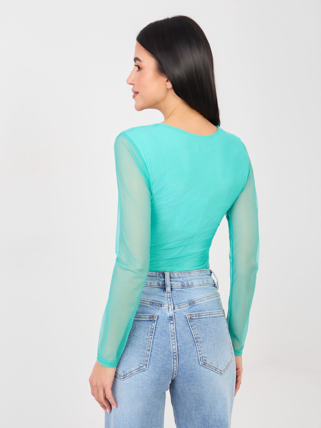 Eleganckie niebieskie body z długim rękawem i okrągłym dekoltem