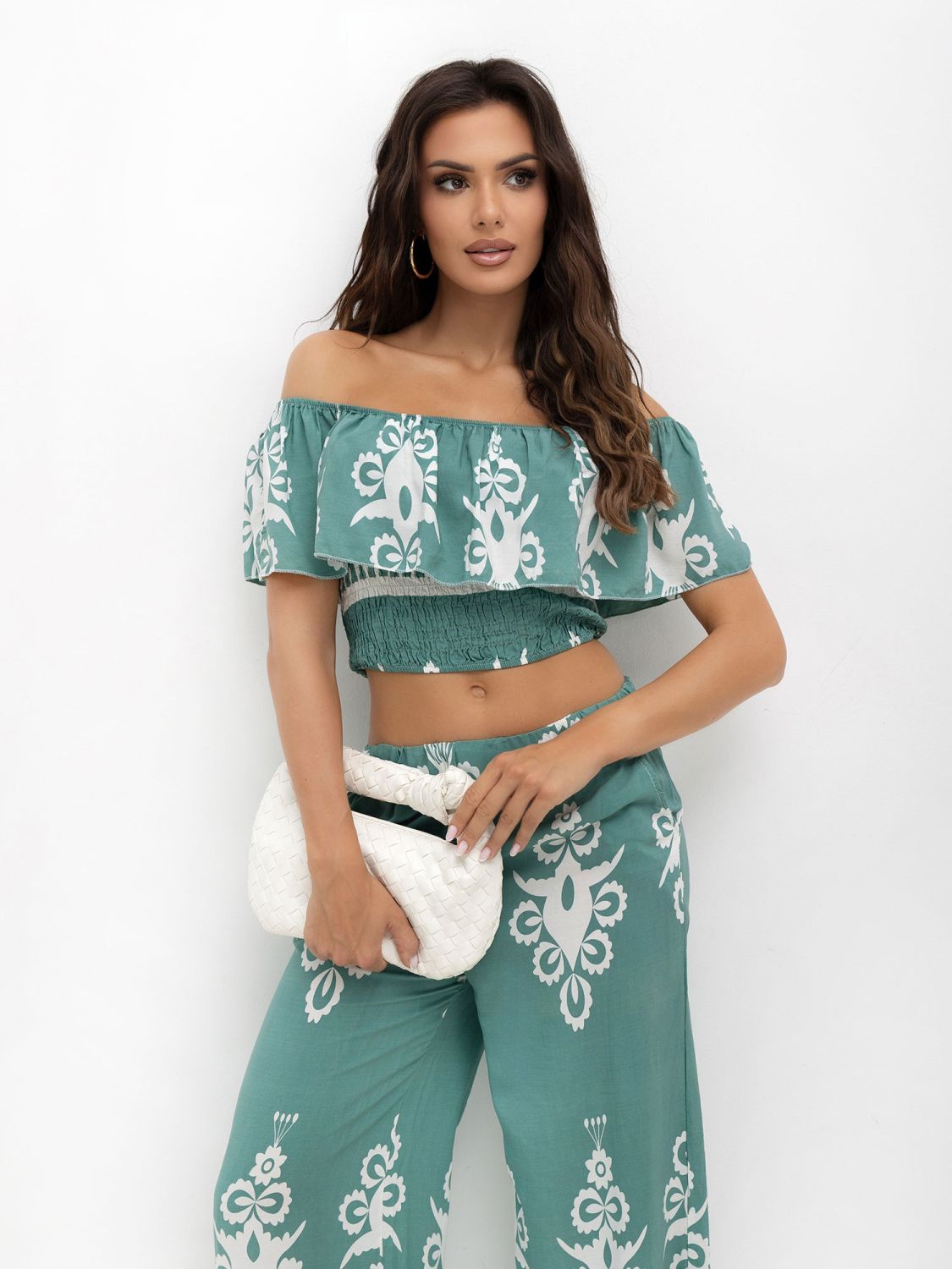 Boho komplet z bluzką i spodniami w turkusie
