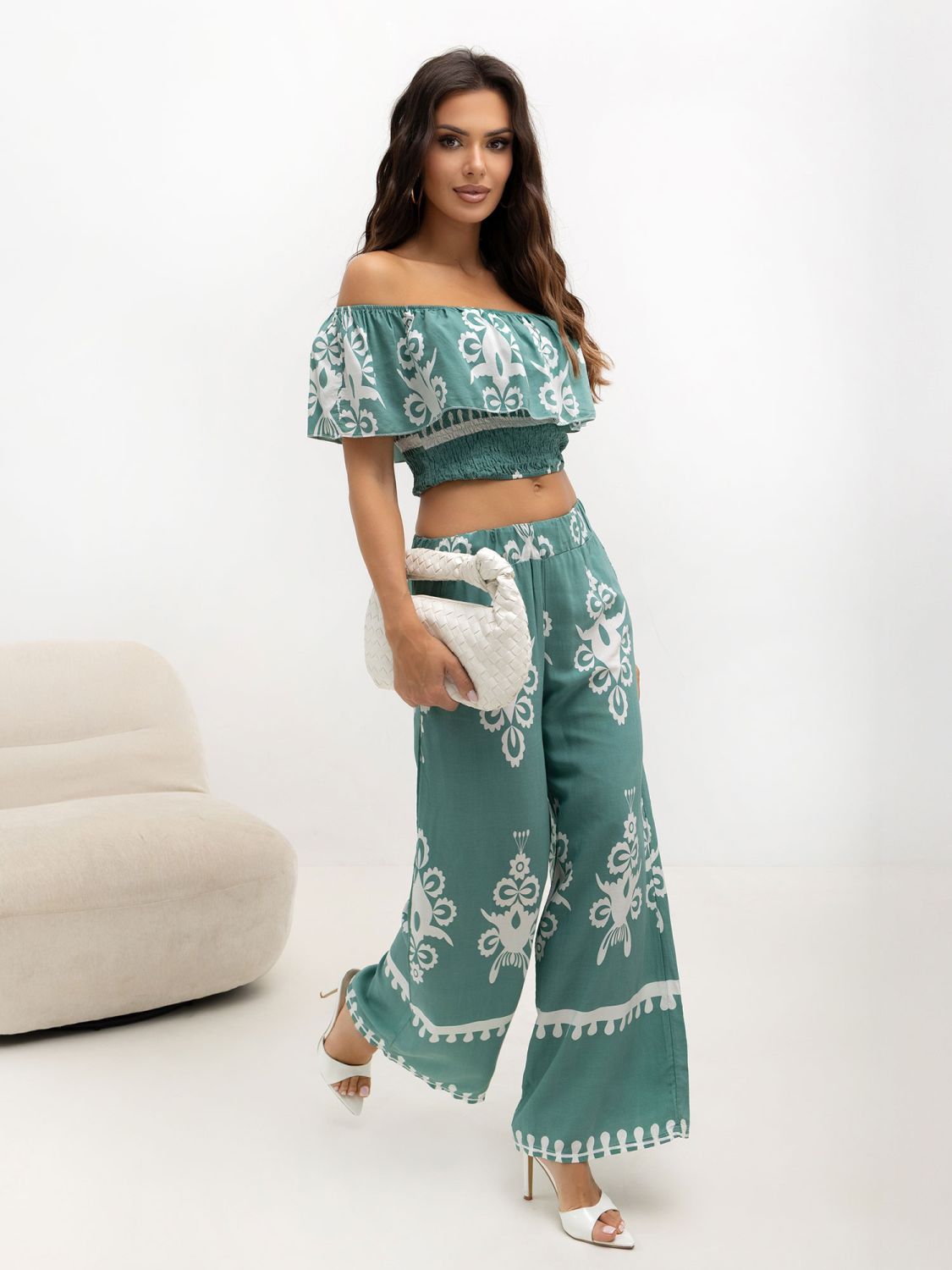 Boho komplet z bluzką i spodniami w turkusie