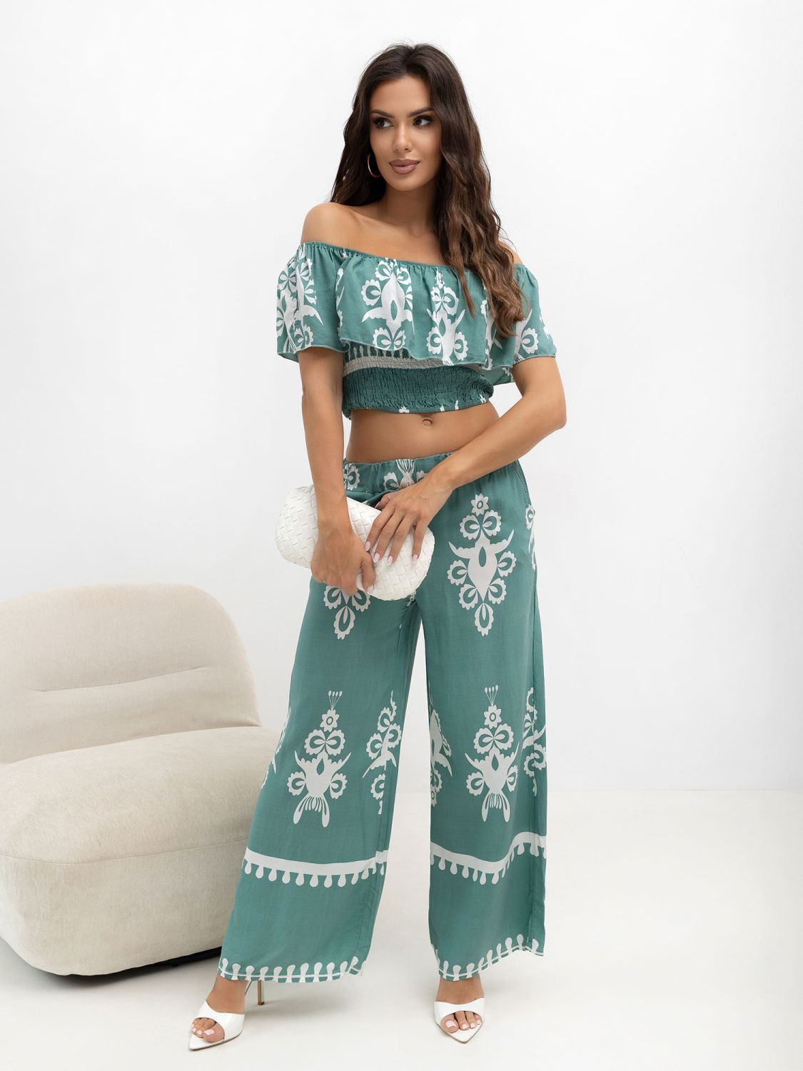 Boho komplet z bluzką i spodniami w turkusie