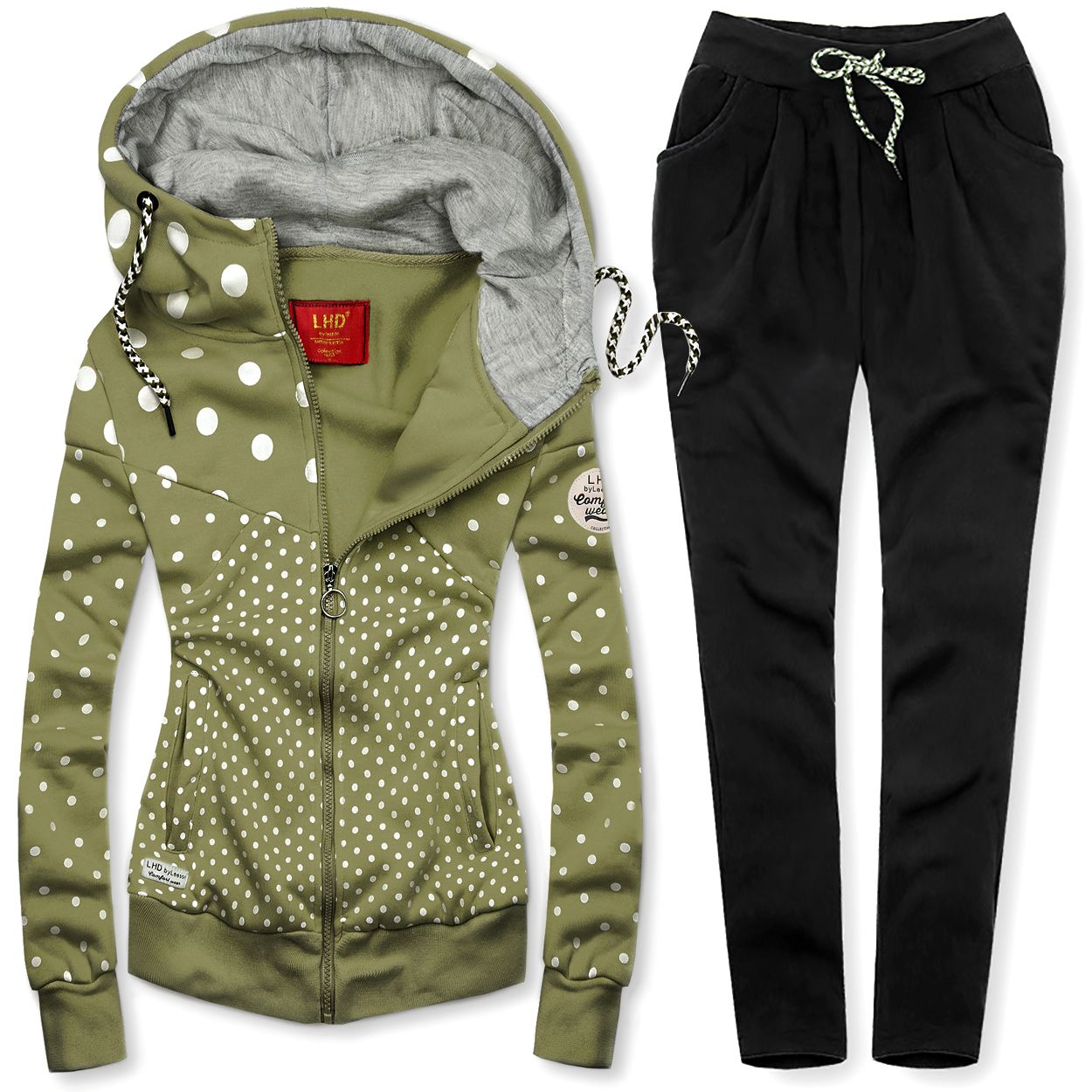 Komplet dresowy w kropki khaki/czarny