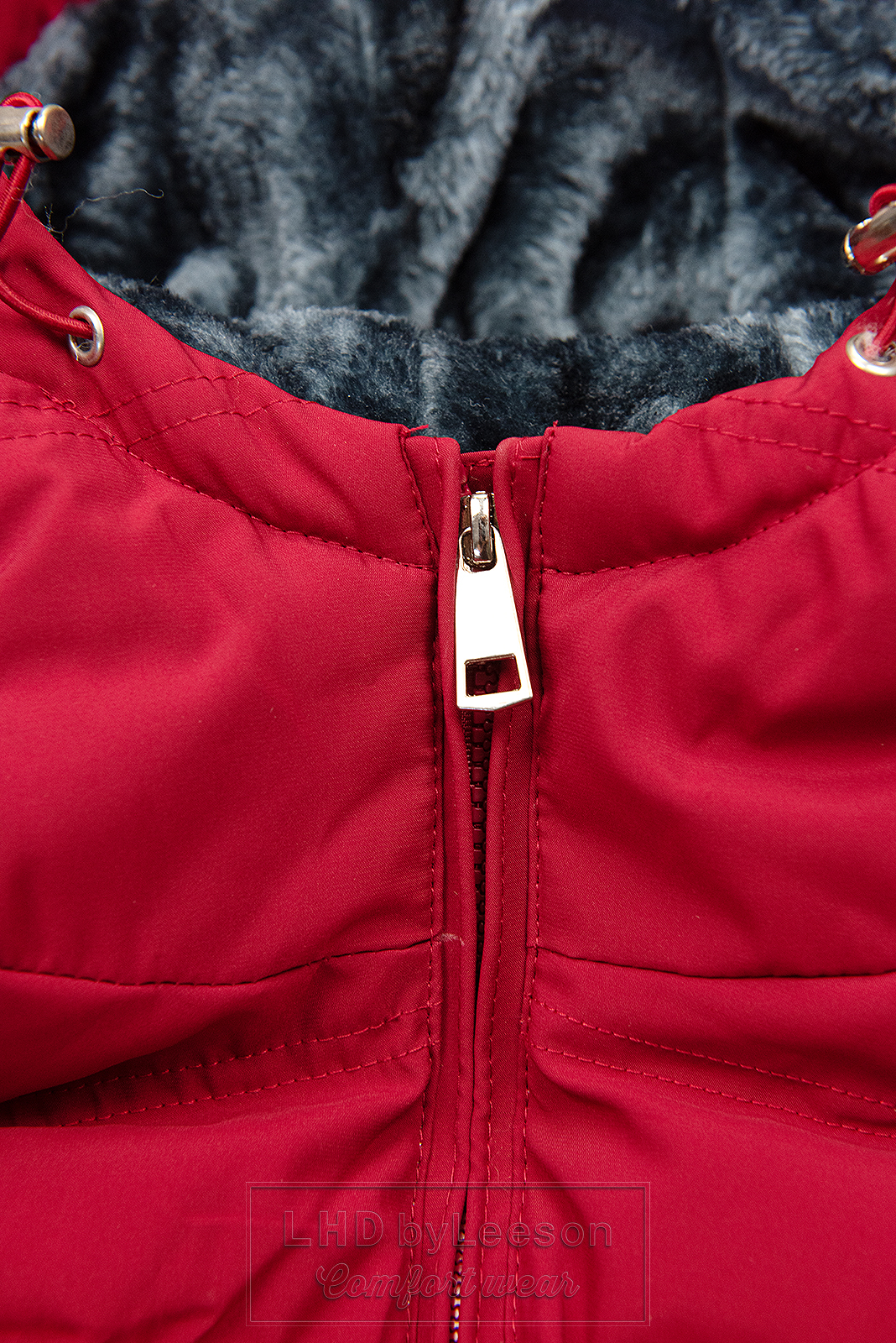 Czerwona zimowa kurtka z szarym pluszem