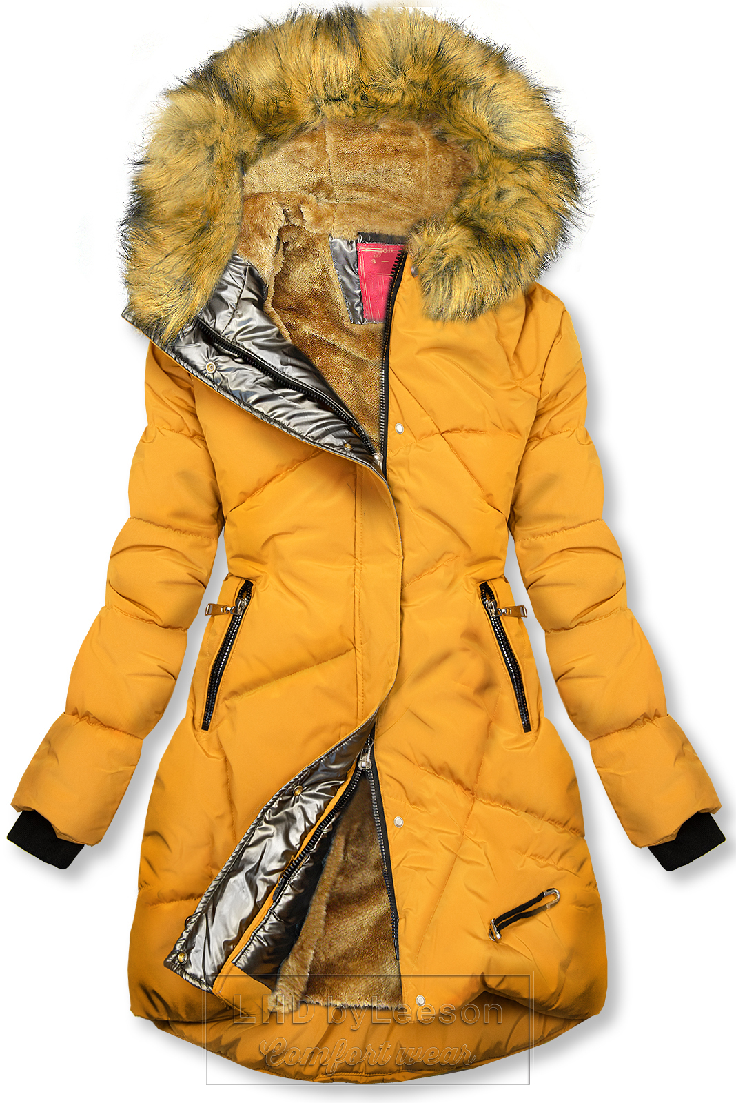 Żółta/karmelowa kurtka zimowa ze srebrnym obszyciem