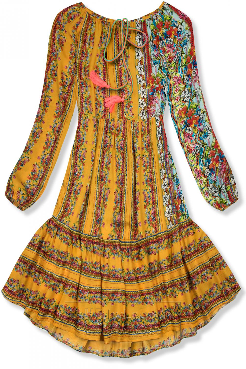 Musztardowa wzorzysta sukienka o luźnym kroju