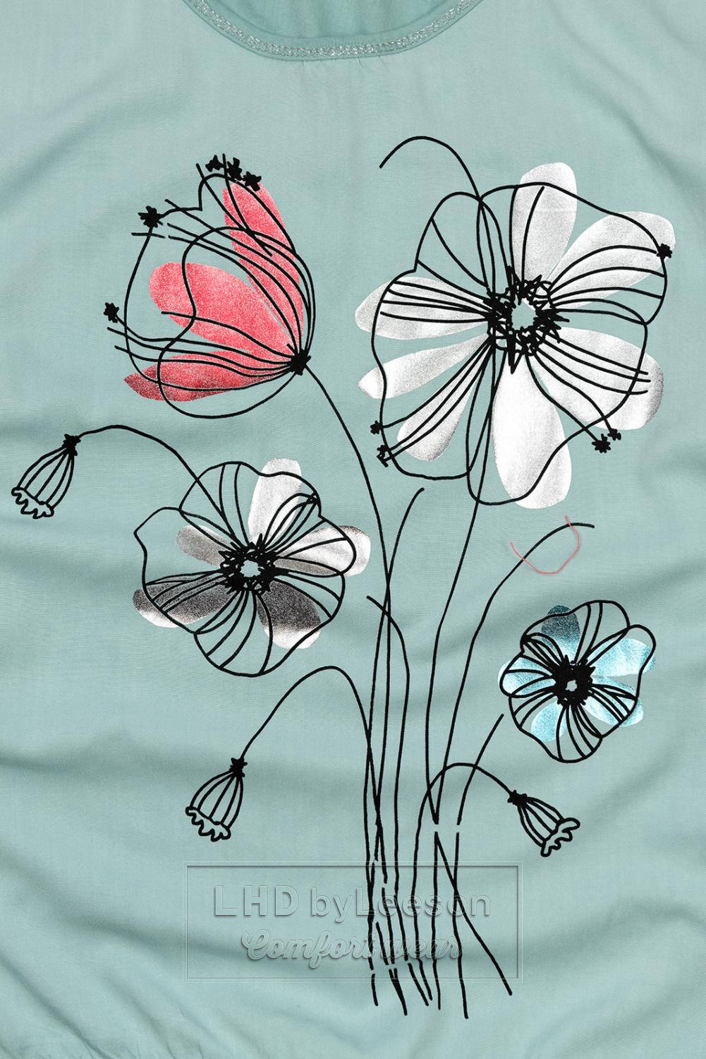 Miętowo-zielona bluzka z nadrukiem kwiatów