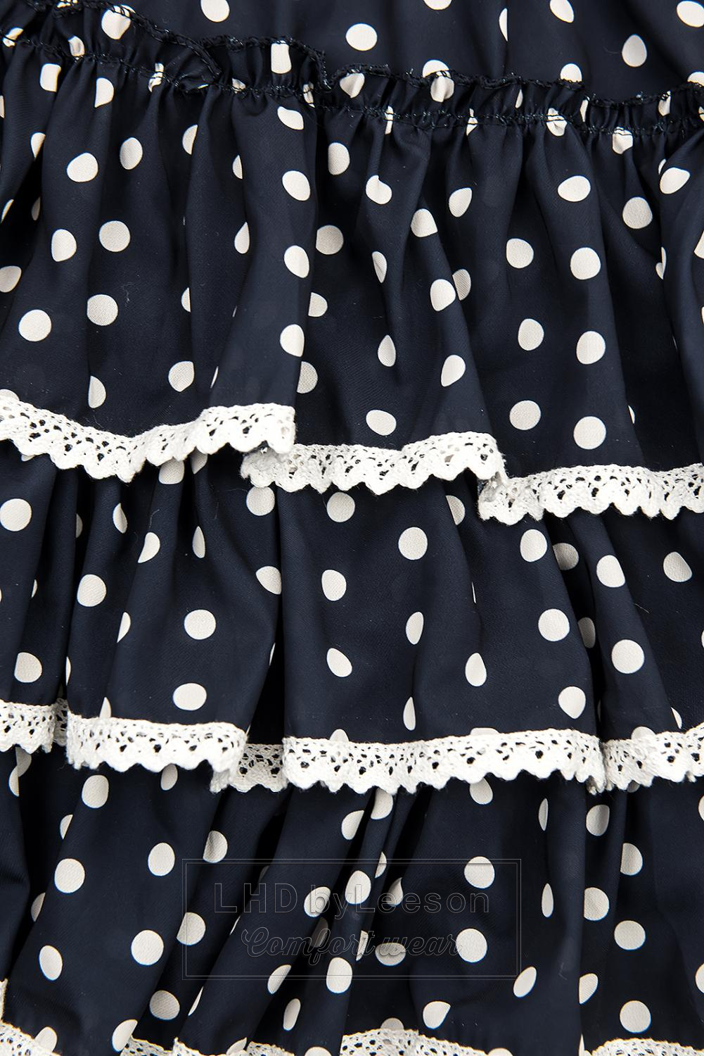 Granatowa sukienka w kropki z falbankami