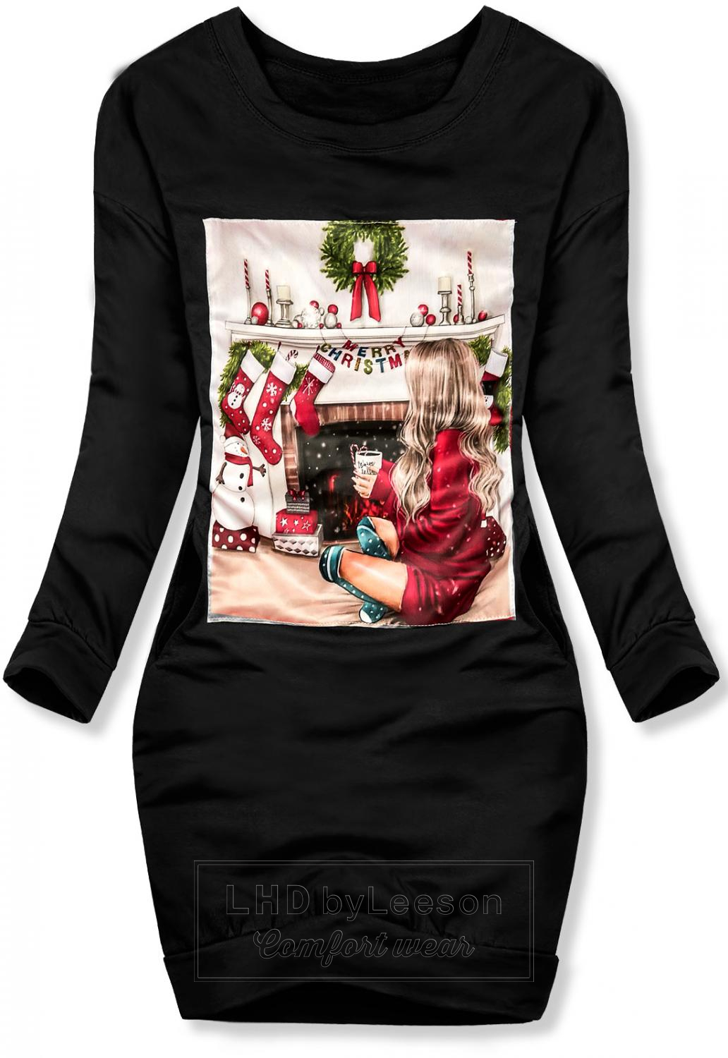 Czarna sukienka z dresówki ze świątecznym motywem