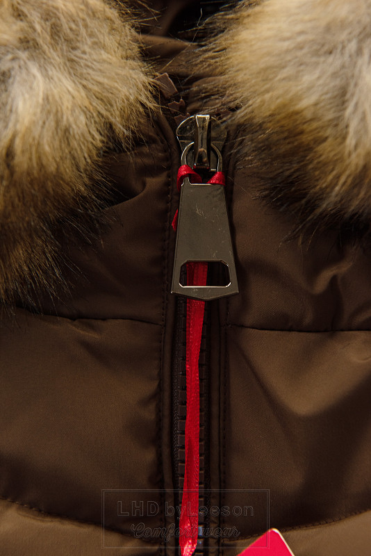 Czekoladowo-brązowa pikowana zimowa kurtka z futerkiem