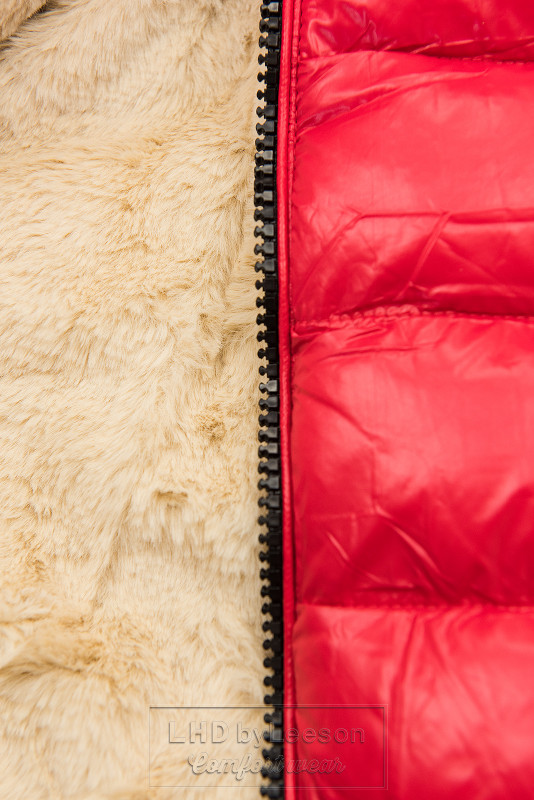 Czerwona/beżowa błyszcząca kurtka z paskiem