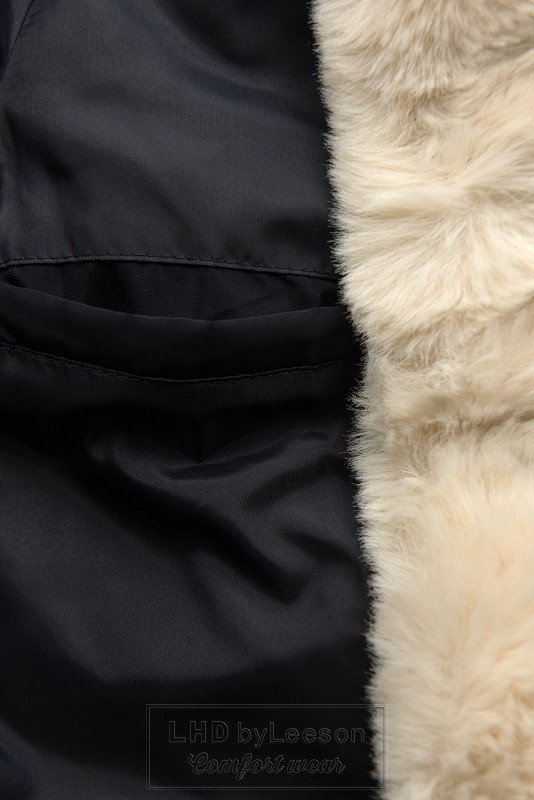 Granatowo-kremowa pikowana zimowa kurtka ze ściągaczem w pasie